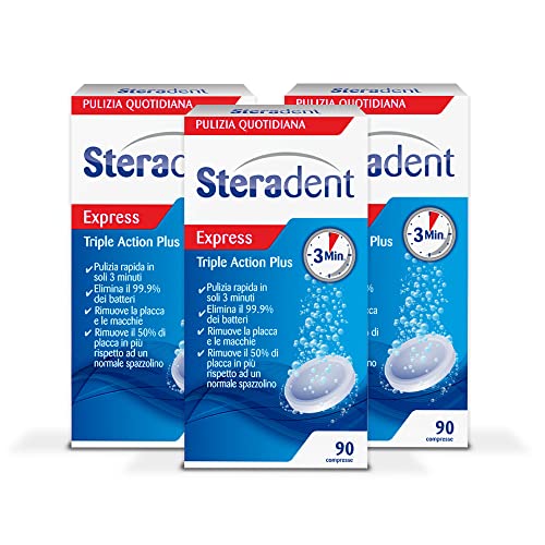 Steradent Triple Action Plus, 90 Compresse 3 Confezioni, Maxi Formato