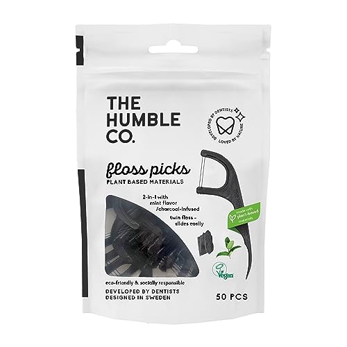 The Humble Co. Bastoncini Di Filo Interdentale Vegetale, Carbone Attivo, Ecologico, Vegano, Senza Zucchero, Raccomandati Dai Dentisti, Rimuove La Plac
