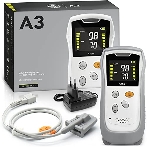Aiesi® Saturimetro Da Dito Palmare Professionale Con Display A Colori E Sonda Anti-Movimento Per Adulti A3, Estremamente Preciso, Batteria Al Litio, G