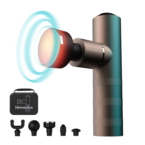 Homedics Myti Mini Massage Gun Con Calore, Pistola Portatile Per Massaggi Profondi Dei Tessuti Muscolari Dopo L'Attività Sportiva, Con 5 Accessori E 4