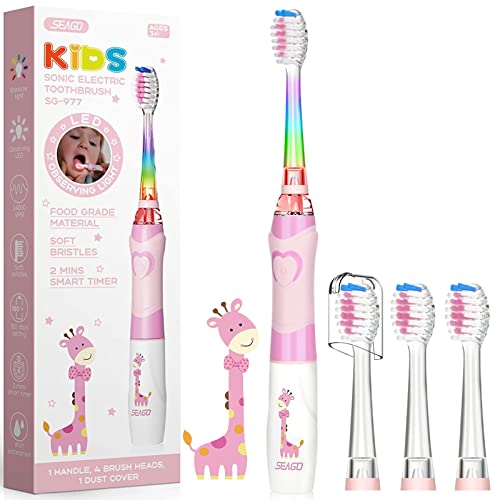 Seago Spazzolino Elettrico Bambini Dai 3-12 Anni Con Timer Di Spazzolamento E Lampade A Led Colorate E 4 Setole Morbide Testine Idea Regalo Per Ragazz
