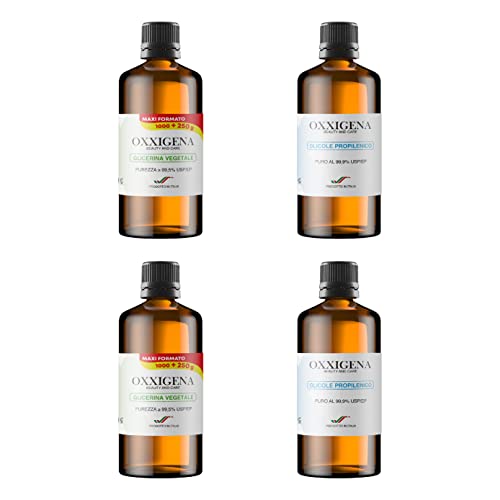 Oxxigena - Kit Base Neutra Da 4 L, Glicerina Vegetale Liquida Pura ≥ 99,5% (2 L) + Glicole Propilenico Liquido Puro (2 L), 50 Vg / 50 Pg, 100% Made In