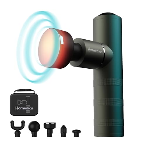 Homedics Myti Mini Massage Gun Con Calore, Pistola Portatile Per Massaggi Profondi Dei Tessuti Muscolari Dopo L'Attività Sportiva, Con 5 Accessori E 4