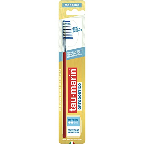 Tau-Marin Spazzolino Ortodontico, Setole A Due Livelli, In Presenza Di Apparecchi Ortodontici Fissi, Protezione Antibatterica, 100% Made In Italy