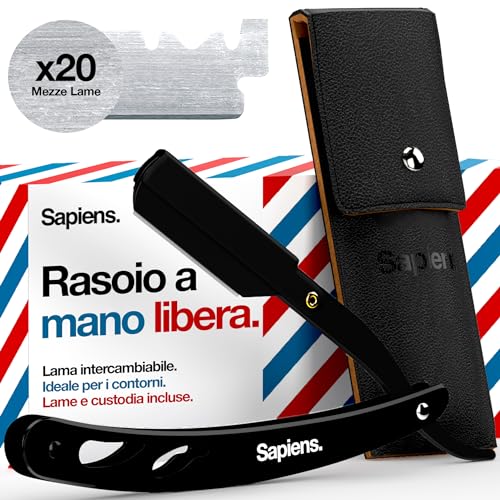 Sapiens Barbershop Rasoio A Mano Libera - Rasoio Barba Uomo + 20 Mezze Lamette Barba + Custodia Da Trasporto - Lama Barba Per Taglia Barba - Rasoio Ba