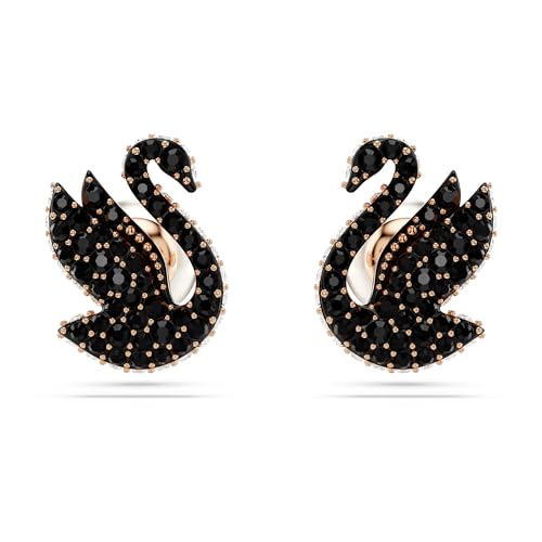 Swarovski Orecchini A Loboswarovski Swan, Cigno, Neri, Placcato Color Oro Rosa