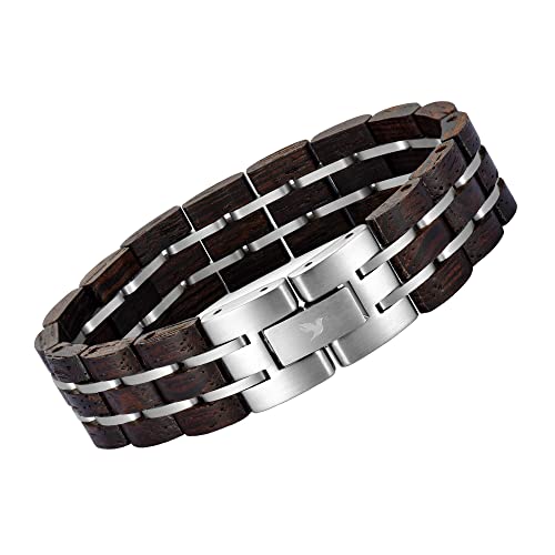 Woodstar (Scorpion) Bracciale Da Uomo In Legno E Acciaio, Gioielli Moda Maschile, Braccialetto Regolabile Nero Argento B19-003