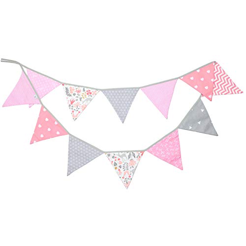 Premyo Festoni Bandierine Colorate Stoffa Triangolari - Decorazione Cameretta Bimba Ghirlanda Nascita - Rosa Grigio