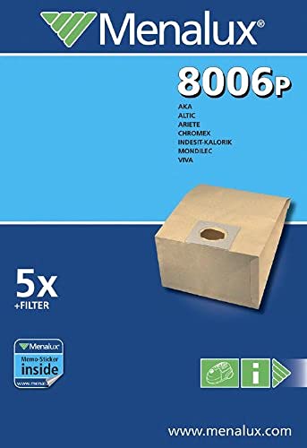 Menalux 8006 P - Confezione Di 5 Sacchetti Di Carta Per Aspirapolvere Aka/Bss/Complex/Format/Ariete/Chromex/Indesit/Mondilec/Viva