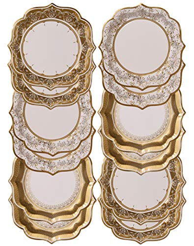 Confezione Da 12 Piatti Di Carta Medi In Stile Porcellana Vintage Oro | 3 Disegni | Usa E Getta | Per Matrimoni, Anniversario, Compleanno