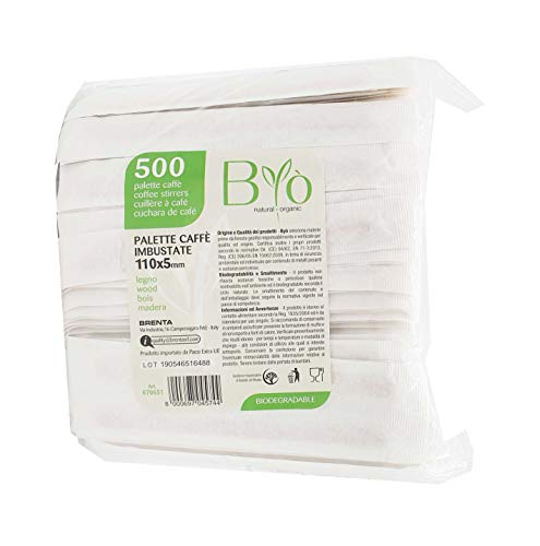 Bio 500 Palette Imbustate Legno Per Caffe' Compostabili H 11 X 0.5 Cm Monouso Biodegradabile En13432 Incartate