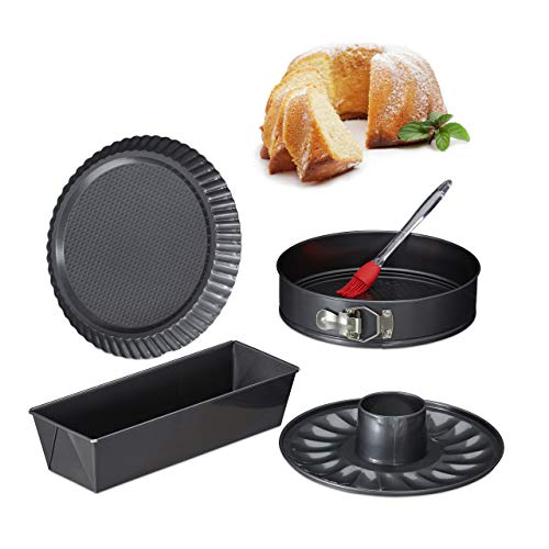 Relaxdays Forno, Set Da 5, Tortiera Apribile Con Fondo Da 26 Cm, Stampo Per Plum Cake, Crostate, Antracite, Acciaio