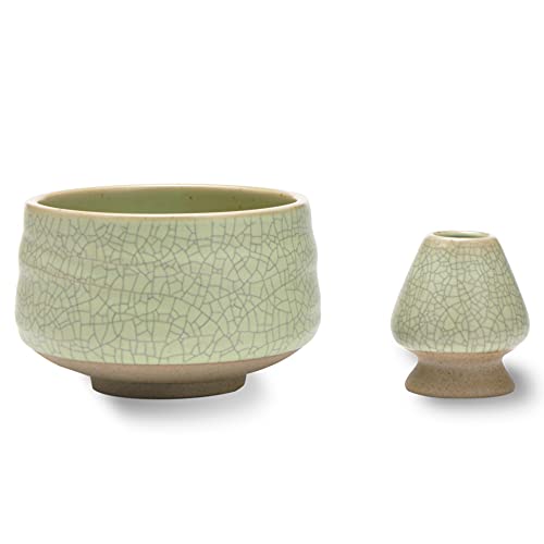 Teanagoo Emb-6 Japan Matcha Bowl In Porcellana E Matcha Whisk (Chasen) Set Di Supporti Per Imballaggio, 18Oz / 510 Ml, Verde Chiaro Opaco Con Cucitura