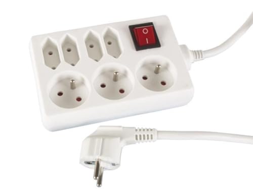 Multiprise Électrique Avec Interrupteur 7 Prises 3 Shucko + 4 Euro 1.50M Blanche