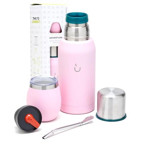 Mate Argentino Kit Completo Di 6 Pezzi - Include Tazza Mate In Acciaio Con Coperchio, Bombilla E Thermos Per Yerba Mate Con 2 Tappi (Pico Cebador) - F