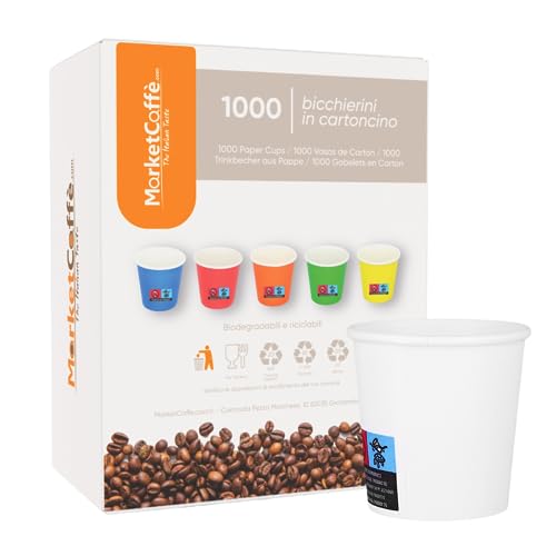 Marketcaffe 1000 Bicchierini Caffè, Bicchieri Caffe Di Carta Biodegradabili Biocompostabili Tazzine Da 75 Ml (Bianco)