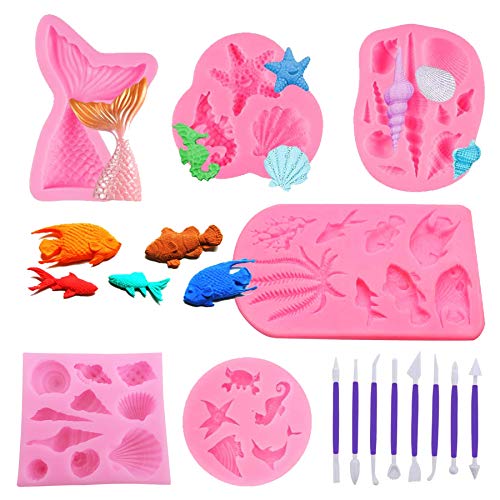 Woohome 12 Pz Fondant Silicone Mold, Stampi In Silicone 3D Forma Set, Stampo Silicone Sirena Stelle Marine Marina Conchiglia Coda Di Sirena Per Fare T