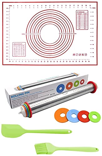 Feixia Mattarello Antiaderente Da 17 '' In Acciaio Inossidabile Con Anelli Di Spessore Regolabile Per Biscotti Da Forno Chapati Pasta Fondente, Per Pi