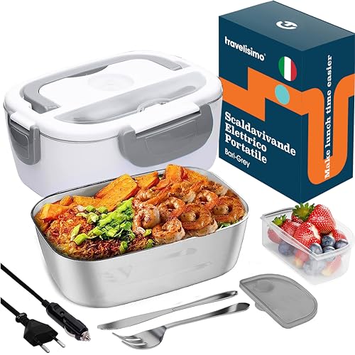 Travelisimo Scaldavivande Elettrico Portatile, 80W Porta Pranzo Riscaldabile, 3 In 1 Per Auto Camion E Ufficio 220V/12V/24V, 1,5L Scalda Vivande Porta