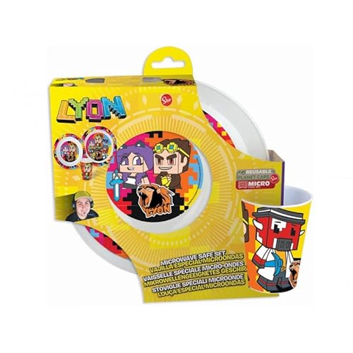 Lyon Gamer Pranzo Set 3 Pezzi, Piatto Piano, Piatto Fondo, Bicchiere, Micro, Bambini