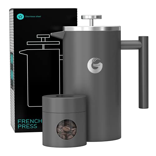 Coffee Gator Caffettiera Francese - Caffè Caldo Piu' A Lungo - Doppia Parete Acciaio Inox Isolato - Piccolo Contenitore Per Caffè - 1 Litro - Gris