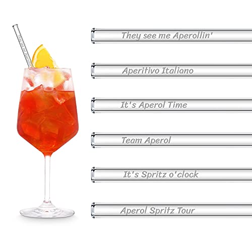 Halm - Set Regalo Con Cannucce Di Vetro Aperol Spritz | 6 Pezzi Dritti Da 20 Cm | 6 Divertenti Frasi Incise |Accessori Da Cocktail Riutilizzabili