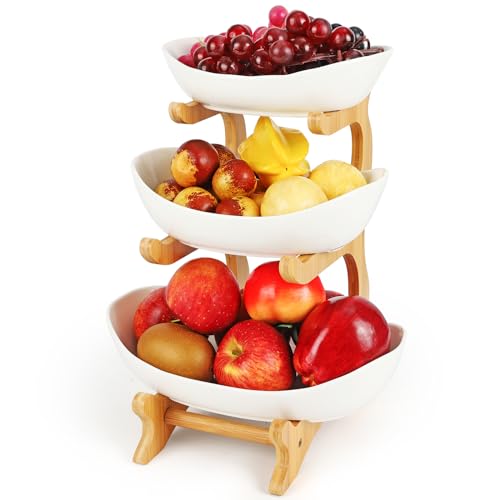 Diealles Shine Portafrutta Da Tavolo In Ceramica 3 Livelli, Portafrutta Porta Frutta A Piani Per La Famiglia, Portafrutta Moderna Con Supporto In Bamb