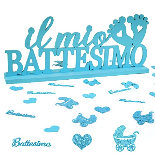 Decorazione Battesimo Bambini Centrotavolo Scritta Il Mio Battesimo Legno 60Pz Coriandoli Carta Glitter Blu Decorazione Tavolo Festa Bomboniere Confet
