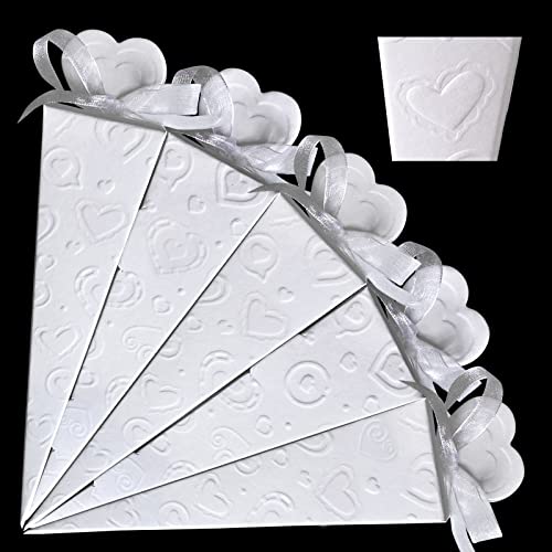 Betessin 50 Pz Coni Portariso Matrimonio Bianco Coni Portaconfetti Cuore Bomboniere Con Nastro Di Organza Per Matrimonio Nozze Battesimo Baby Shower C