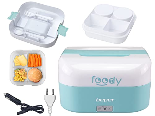 Beper - Scaldavivande Portatile 2In1, Contenitore Divisibile In 4, Accendisigari 12V Per Auto, 50W Per Casa/Ufficio, Posate In Dotazione - Azzurro