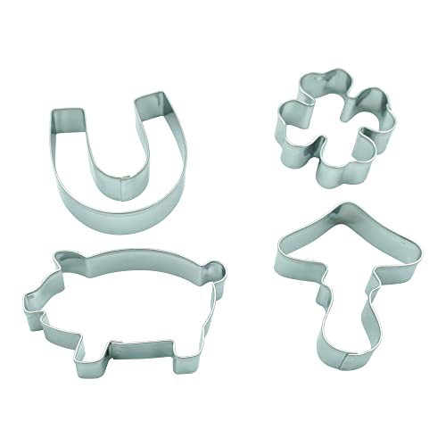 Bekkib 3538 – Set Di 4 Formine A Forma Di Fungo, Quadrifoglio, Maiale, Ferro Di Cavallo – Biscotti Per Capodanno, Inizio Della Scuola O Per La Fine De