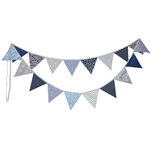 Premyo Festoni Bandierine Colorate Stoffa Triangolari - Decorazione Cameretta Bambino Ghirlanda Nascita - Blu Grigio