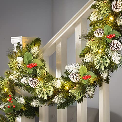 Shareconn Ghirlanda Di Natale Artificiale Pre-Illuminata, Con Bacche Rosse E Pigne, Con Luci Multicolori E Funzione Timer, Per Scale Natalizie E Decor