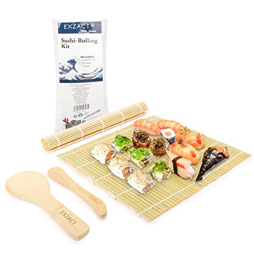 Exzact Kit Sushi In Bambù Per Arrotolare 4 Pezzi - 2 X Stuoie, 1 X Paletta Riso, 1 X Spalmatore Riso, Tutti Naturali.