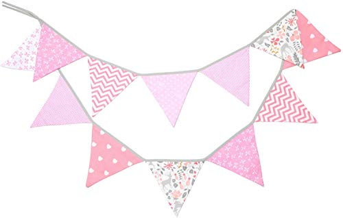 Premyo Festoni Bandierine Colorate Stoffa Triangolari - Decorazione Cameretta Bimba Ghirlanda Nascita - Rosa