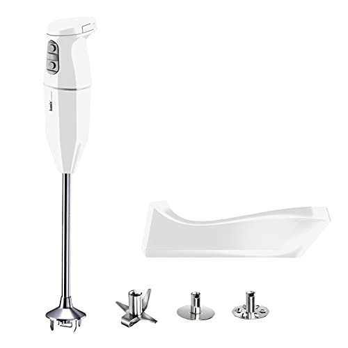 Bamix Frullatore A Immersione Cordless Pro, Base Di Ricarica, Lama, Frusta, Frullino In Acciaio, 250 Watt, 3 Velocità, Made In Switzerland, Bianco
