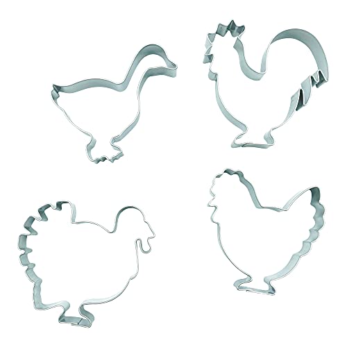 Bekkib 531834 – Set Di 4 Formine Per Biscotti A Forma Di Gallina, Gallo, Tacchino, In Acciaio Inox, Per Natale, Compleanno E Molto Altro Ancora.