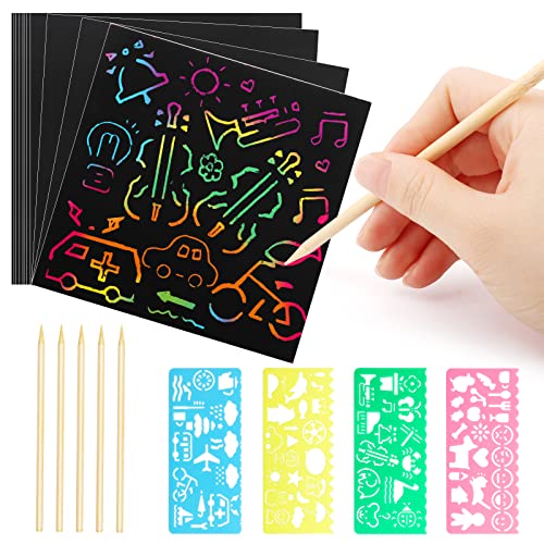 50 Pezzi Scratch Art Bambini Fogli Neri Da Grattare Bambini Per Disegno Bambini Adulti Art And Craft Sets Regalo Con 4 Stencil Bambini E 5 Stilo In Le