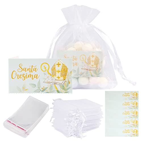50Pz Sacchetti Bianco Cresima Bomboniere Confetti 50Pz Bigliettini Cresima 100Pz Sacchetti Plastica Portaconfetti Addobbi Regalo Cresima Battesimo Pri