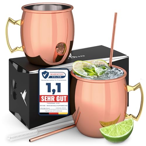 Beyond Moscow Mule,Set Di 2 Bicchieri In Rame Con Cannucce E Spazzola Per La Pulizia, In Scatola Di Design,Originale Moscow Mule Mug Con Superficie Li