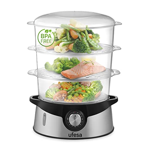 Ufesa Cv4000 Vaporiera 800 W, 3 Vassoi Impilabili, Capacità 9 L, Timer Da 60 Min, Include Ciotola Da 1 L Per Riso E Supporto Per Uova, Senza Bpa, Inox