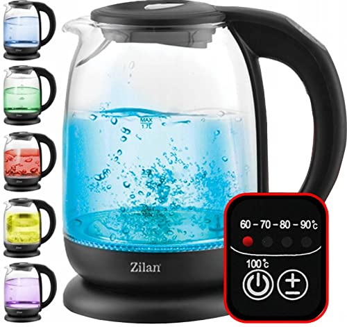Zilan, Bollitore Con Corpo In Vetro Borosilicato Alto, Spegnimento Automatico Con Led Con Diversi Colori Dei Led, 1,7Lt, 5 Diverse Impostazioni Di Tem