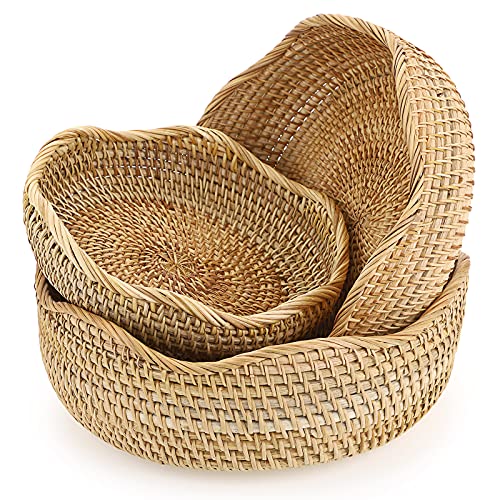Sumnacon Set Di 3 Cestini Rotondi In Rattan Intrecciato Per Frutta E Pane, Per Servire Spuntini, Ciotole Da Tavolo Da Lavoro E Da Banco Decorativo Per