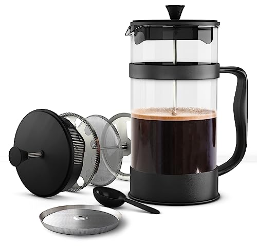 Kichly French Press Macchina Caffe', Macchina Per Espresso E Te' Con Tripli Filtri, Vetro Resistente Al Calore Con Stantuffo In Acciaio (350 Ml, Nero)
