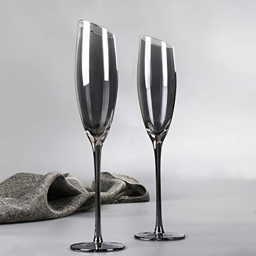 Reawow Champagne Flutes - Set Di 2 Bicchieri Da Champagne In Cristallo Soffiato A Mano, Regalo Per Matrimoni, Anniversari, Natale, Placca, Colore: Gri