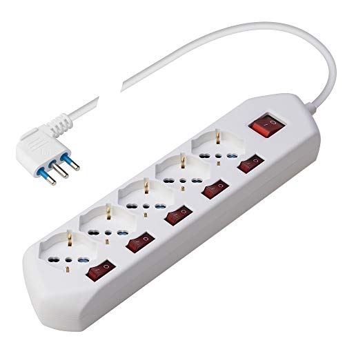 Poly Pool Pp2509 Multiswitch – Multipresa Con 5 Prese Pluristandard (16A+10A+Schuko) – 5 Interruttori Singoli Per Ogni Presa - Cavo Di Alimentazione D