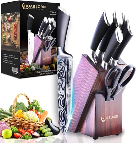 Hoablorn 7 Pezzi Set Di Coltelli Da Cucina, Ceppo Coltelli Professionali Con Blocco In Legno, Set Coltelli, Coltelli Cucina Professionali, Coltelli Pe