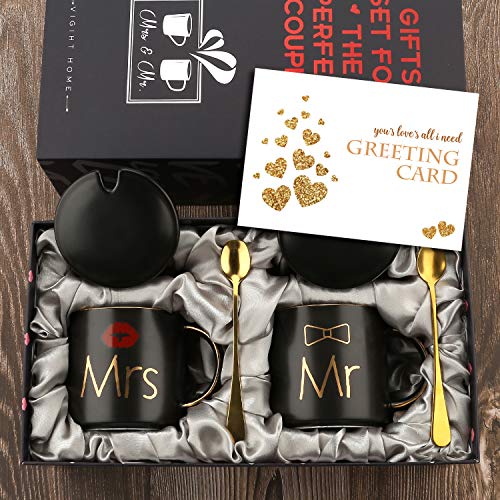 Mr E Mrs Tazzine Caffè Particolari In Ceramica Set, 2-14 Oz Tazze Coppia Regali Di Coppia Con Coperchio E Cucchiaio, Regalo Anniversario Matrimonio Ta