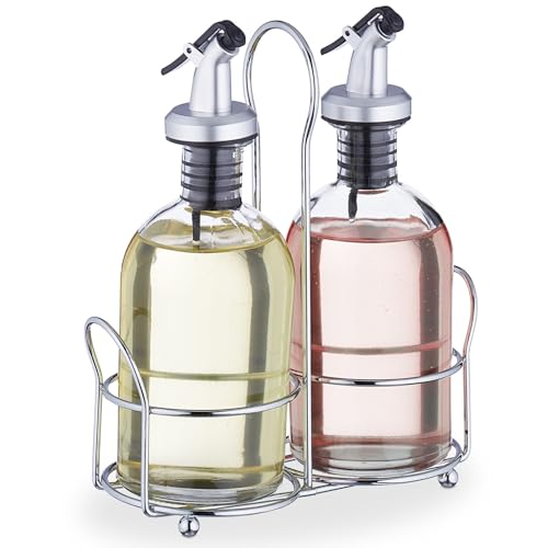 Mge - Set Di Oliera E Acetiera - Set Di Oliera E Acetiera In Vetro Con Supporto In Metallo - Set Per Olio E Aceto - Olio Dispenser - 2 Pezzi - Acciaio