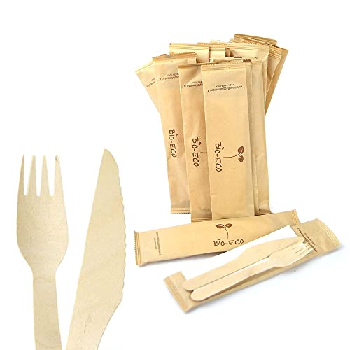 Pz 100 Bis Posate In Legno Forchetta, Coltello E Tovagliolo Imbustate In Busta 100% Carta Ideali Per Fast Food E Asporto